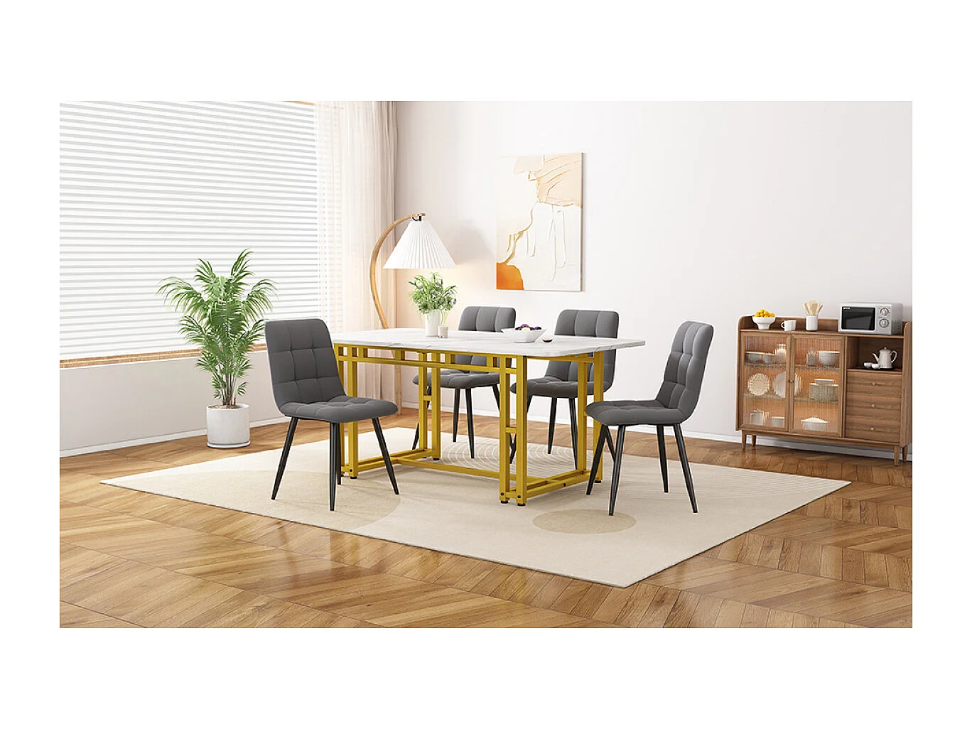 Gouden eettafelset van 120x70 cm met 4 donkergrijze fluwelen stoelen en gouden ijzeren poten.