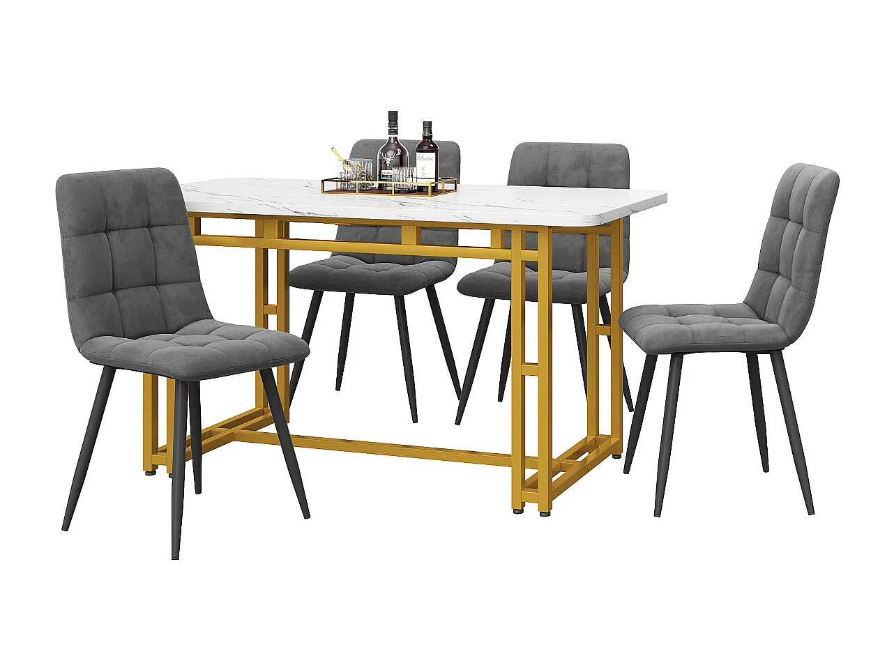 Gouden eettafelset van 120x70 cm met 4 donkergrijze fluwelen stoelen en gouden ijzeren poten.