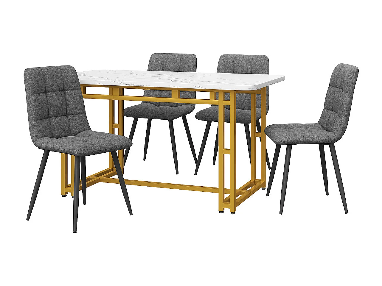 Gouden eettafelset (120x70cm) met 4 donkergrijze linnen stoelen en gouden ijzeren poten.