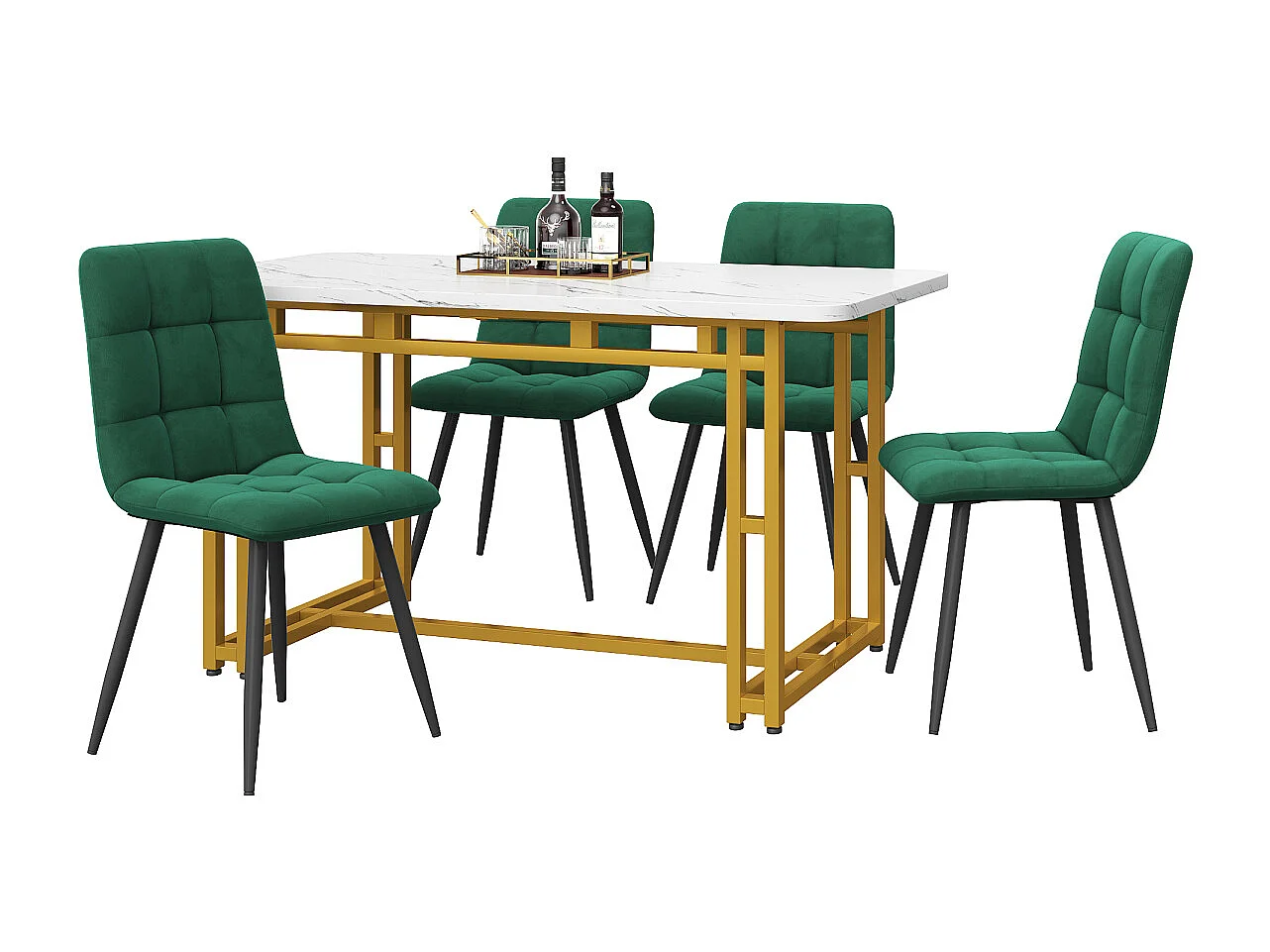 120x70cm gouden eettafelset met 4 donkergroene fluwelen stoelen, moderne keukenmeubels