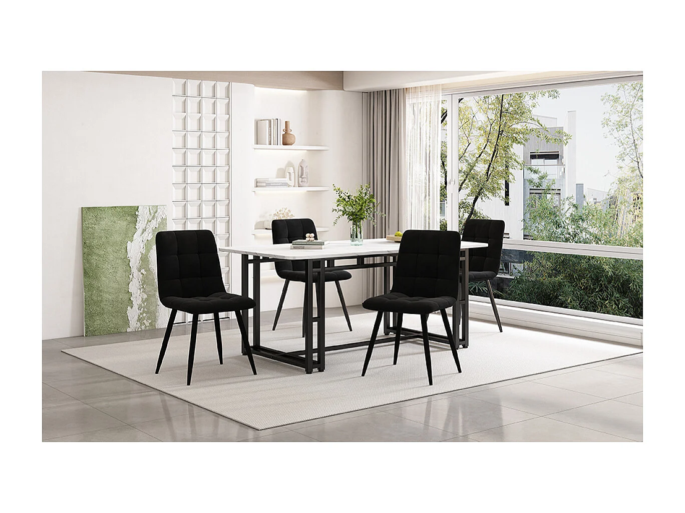 Set da pranzo nero 140x80cm con 4 sedie in velluto nero e gambe in ferro