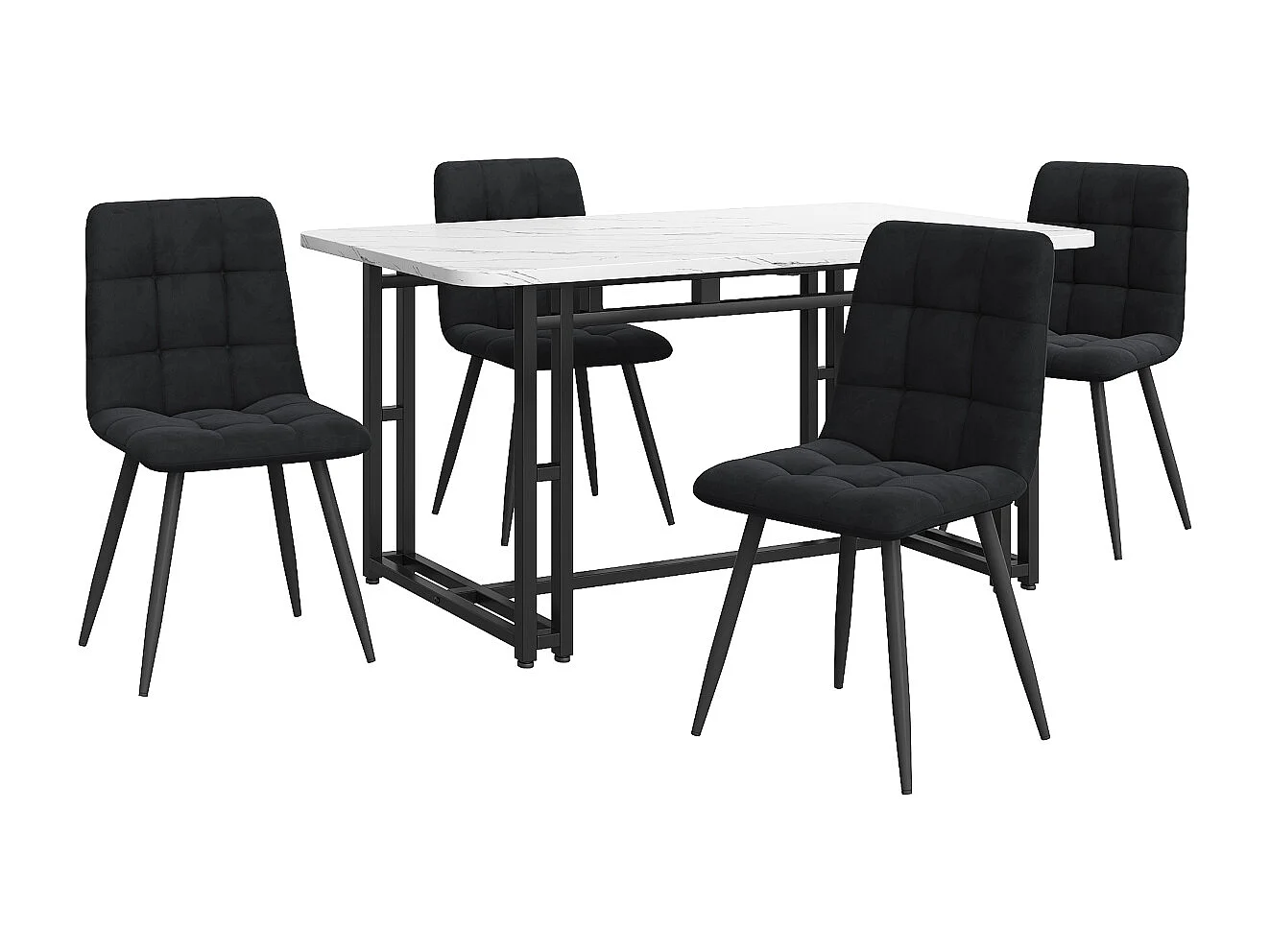 Set da pranzo nero 140x80cm con 4 sedie in velluto nero e gambe in ferro