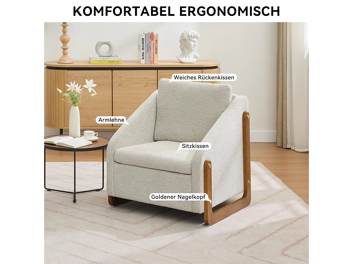 Fauteuil moderne en chenille avec accoudoirs en bois, 73,5 x 73,5 x 73,5 cm