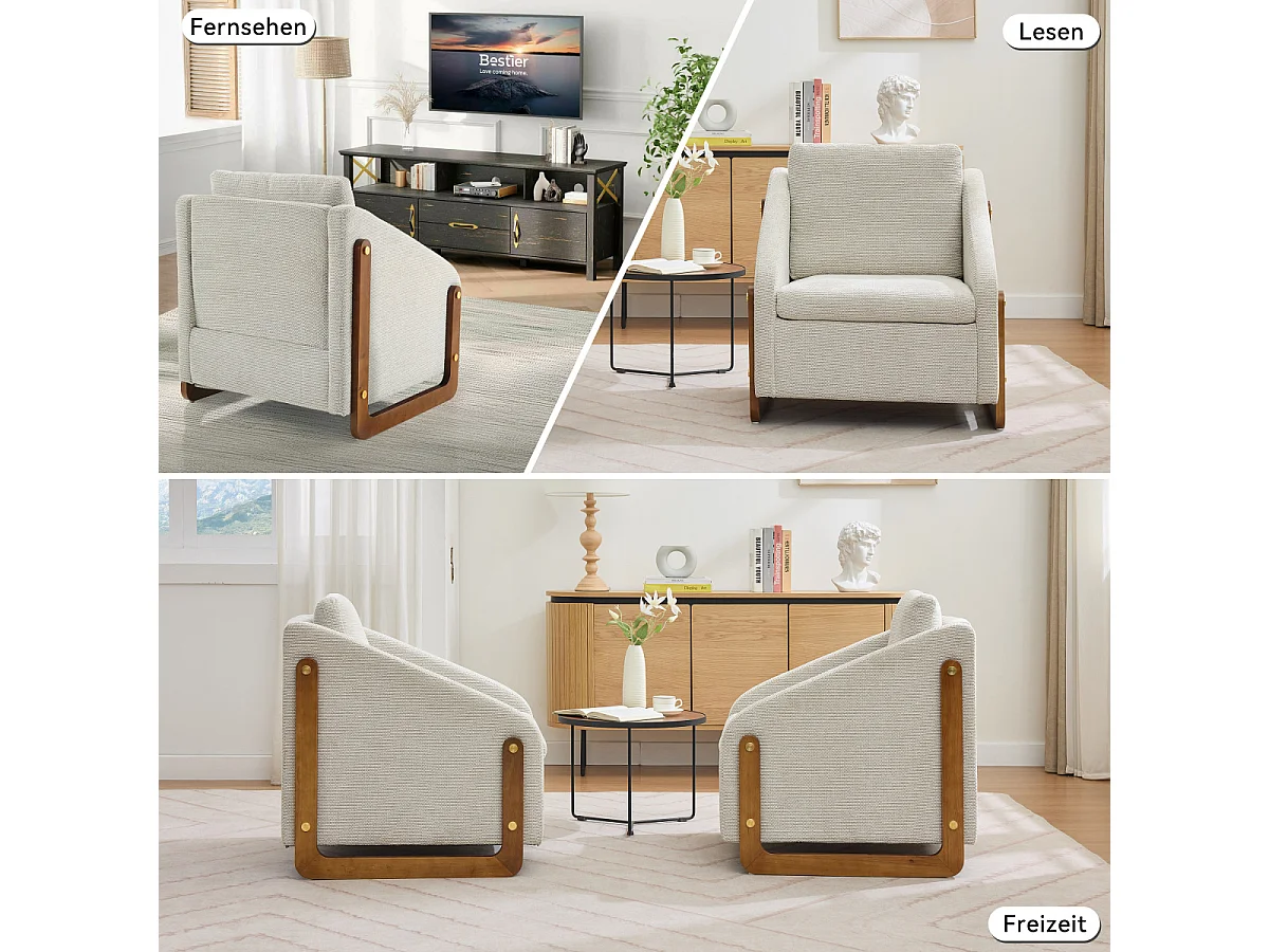 Fauteuil moderne en chenille avec accoudoirs en bois, 73,5 x 73,5 x 73,5 cm