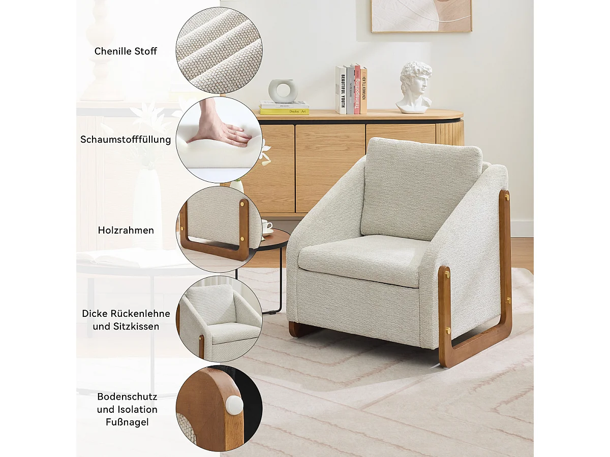 Fauteuil moderne en chenille avec accoudoirs en bois, 73,5 x 73,5 x 73,5 cm