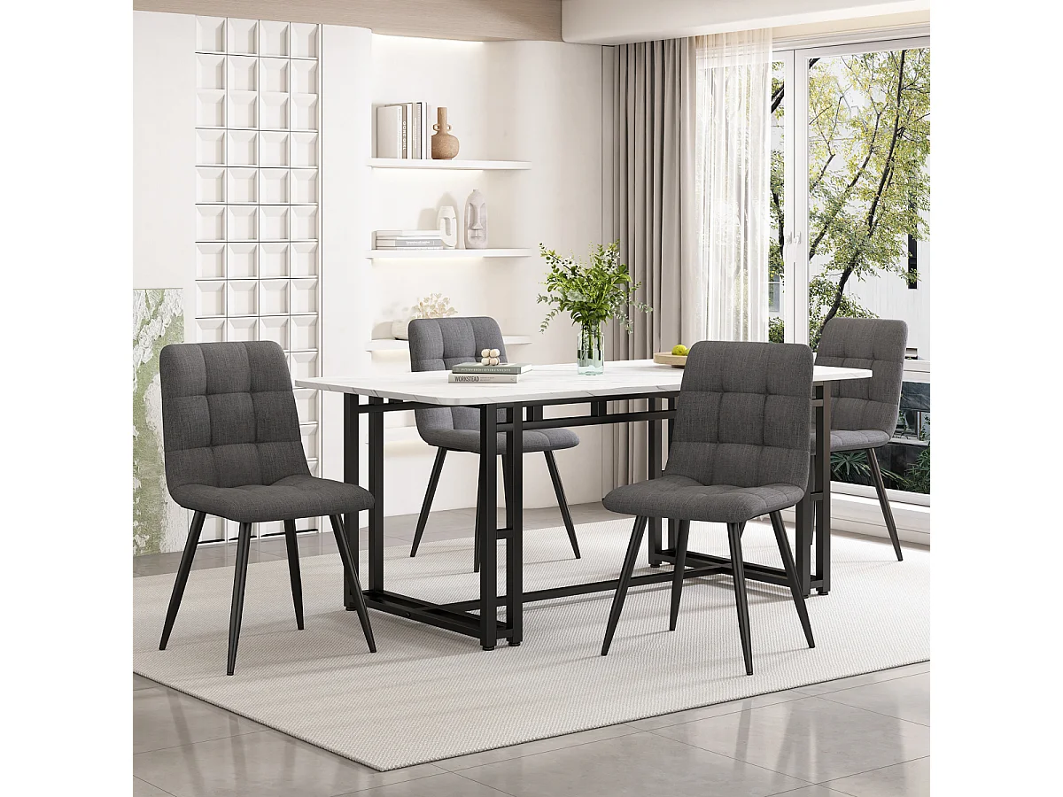 Set da pranzo nero da 140x80 cm con 4 sedie in lino grigio scuro e gambe in ferro nero.