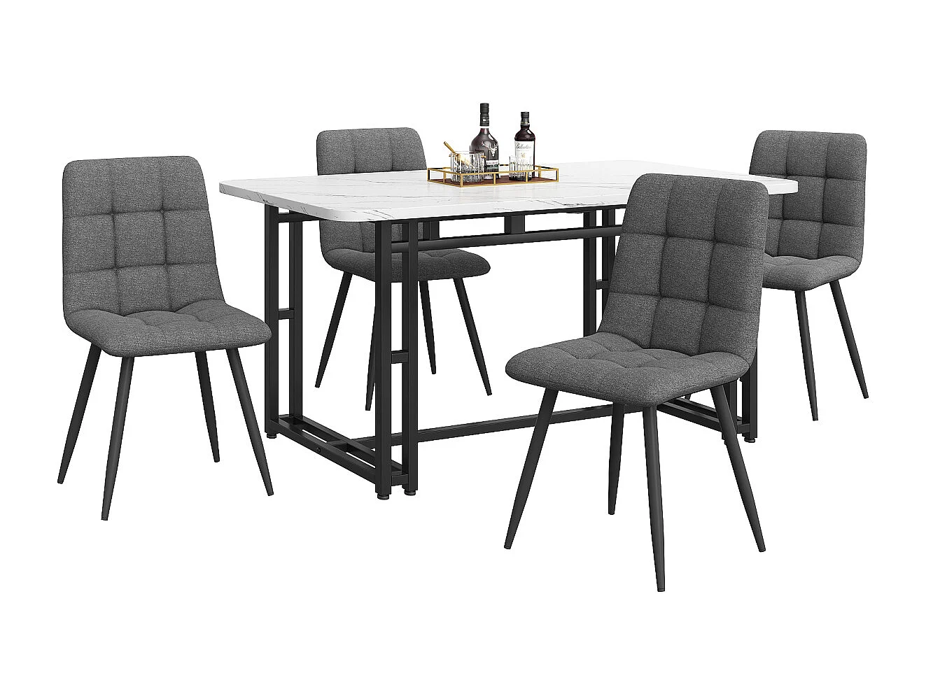 Set da pranzo nero da 140x80 cm con 4 sedie in lino grigio scuro e gambe in ferro nero.