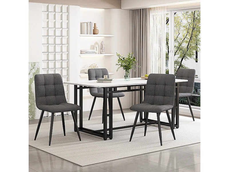Set da pranzo nero da 140x80 cm con 4 sedie in lino grigio scuro e gambe in ferro nero.