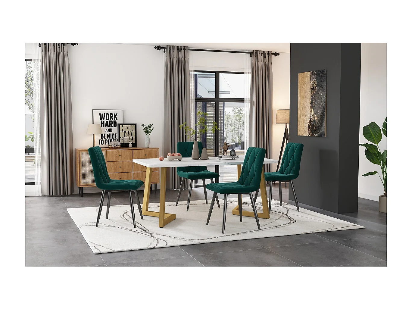 Set da pranzo: tavolo rettangolare 117x68 cm con 4 sedie in velluto verde scuro, gambe dorate.