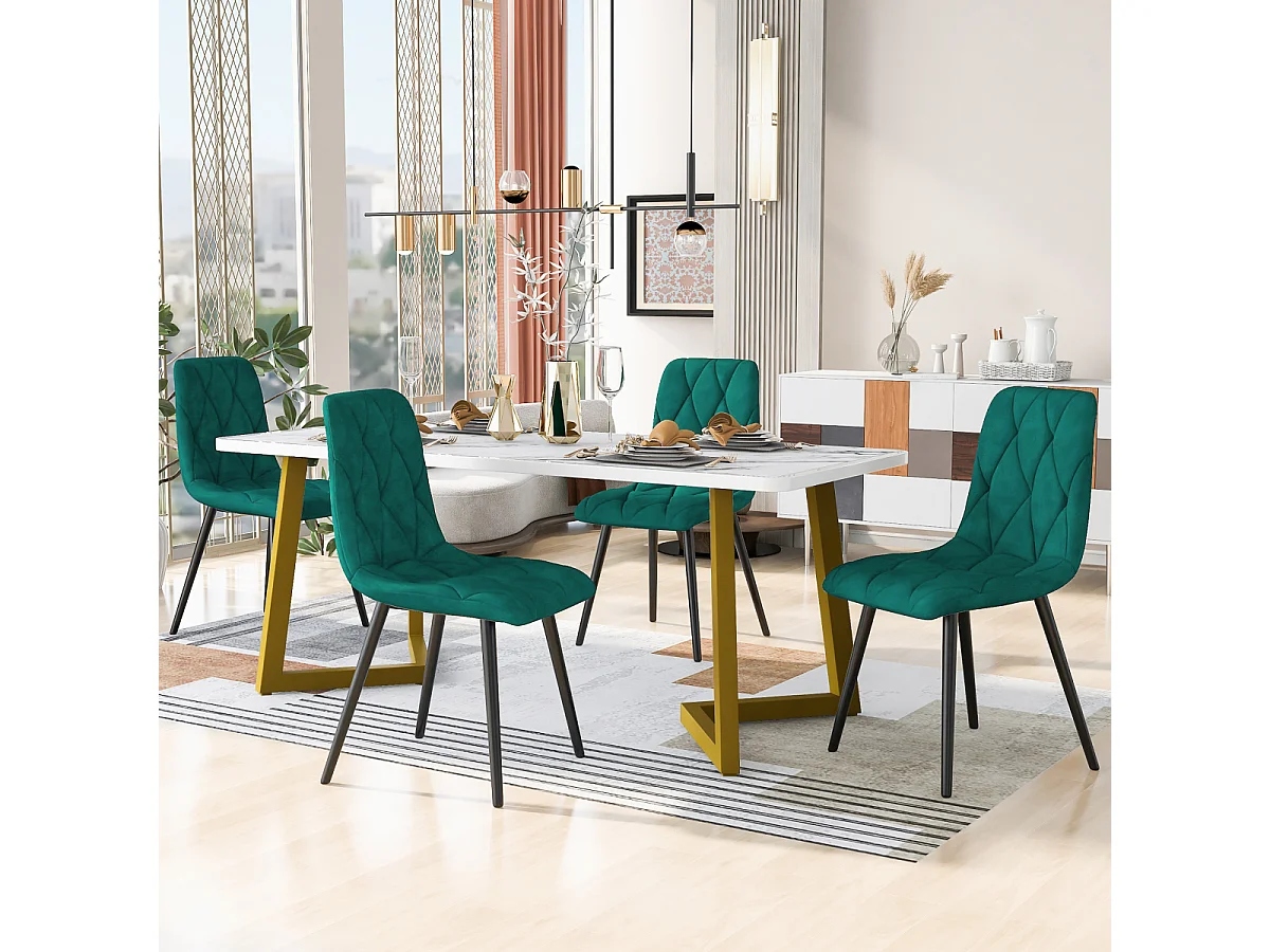 Set da pranzo: tavolo rettangolare 117x68 cm con 4 sedie in velluto verde scuro, gambe dorate.