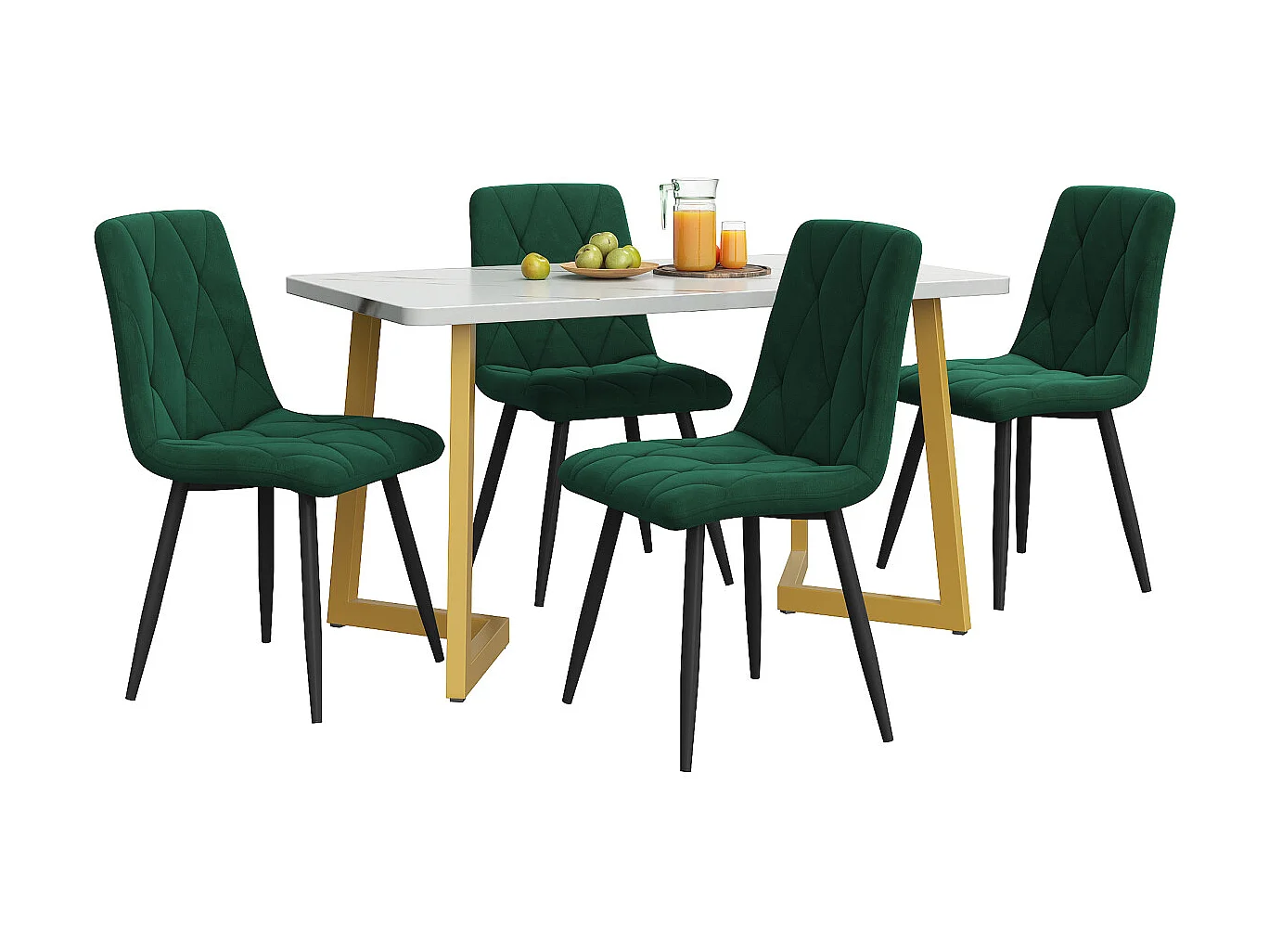 Set da pranzo: tavolo rettangolare 117x68 cm con 4 sedie in velluto verde scuro, gambe dorate.