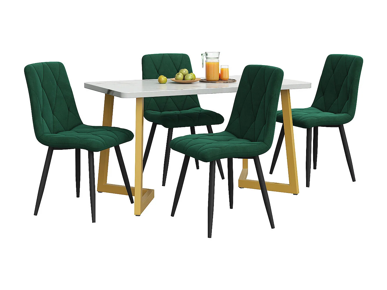 Set da pranzo: tavolo rettangolare 117x68 cm con 4 sedie in velluto verde scuro, gambe dorate.