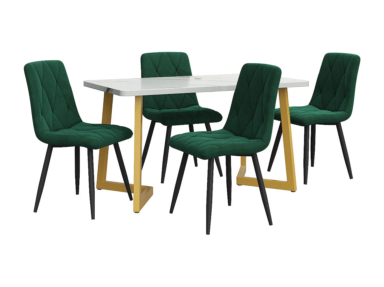 Set da pranzo: tavolo rettangolare 117x68 cm con 4 sedie in velluto verde scuro, gambe dorate.