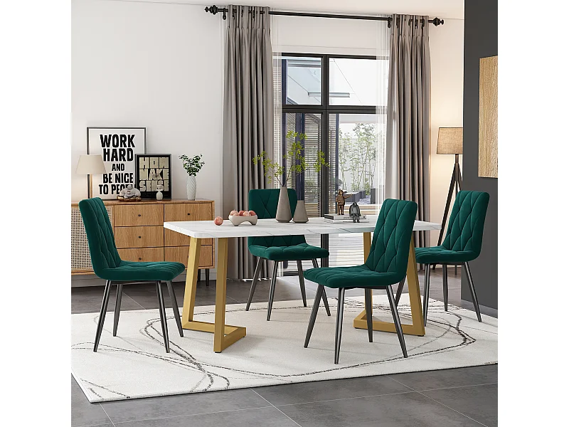 Set da pranzo: tavolo rettangolare 117x68 cm con 4 sedie in velluto verde scuro, gambe dorate.