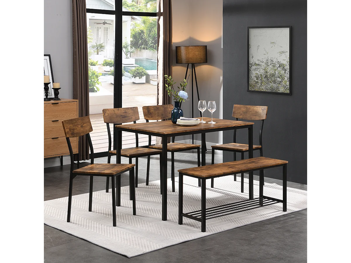 Ensemble table, chaises et banc de salle à manger 6 pièces, structure en bois et acier, style industriel.