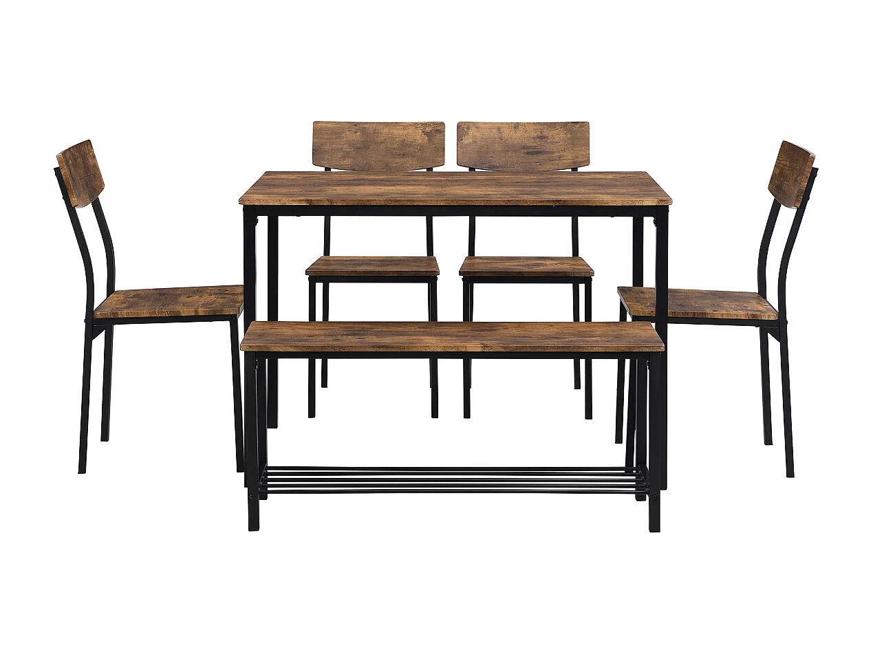Ensemble table, chaises et banc de salle à manger 6 pièces, structure en bois et acier, style industriel.