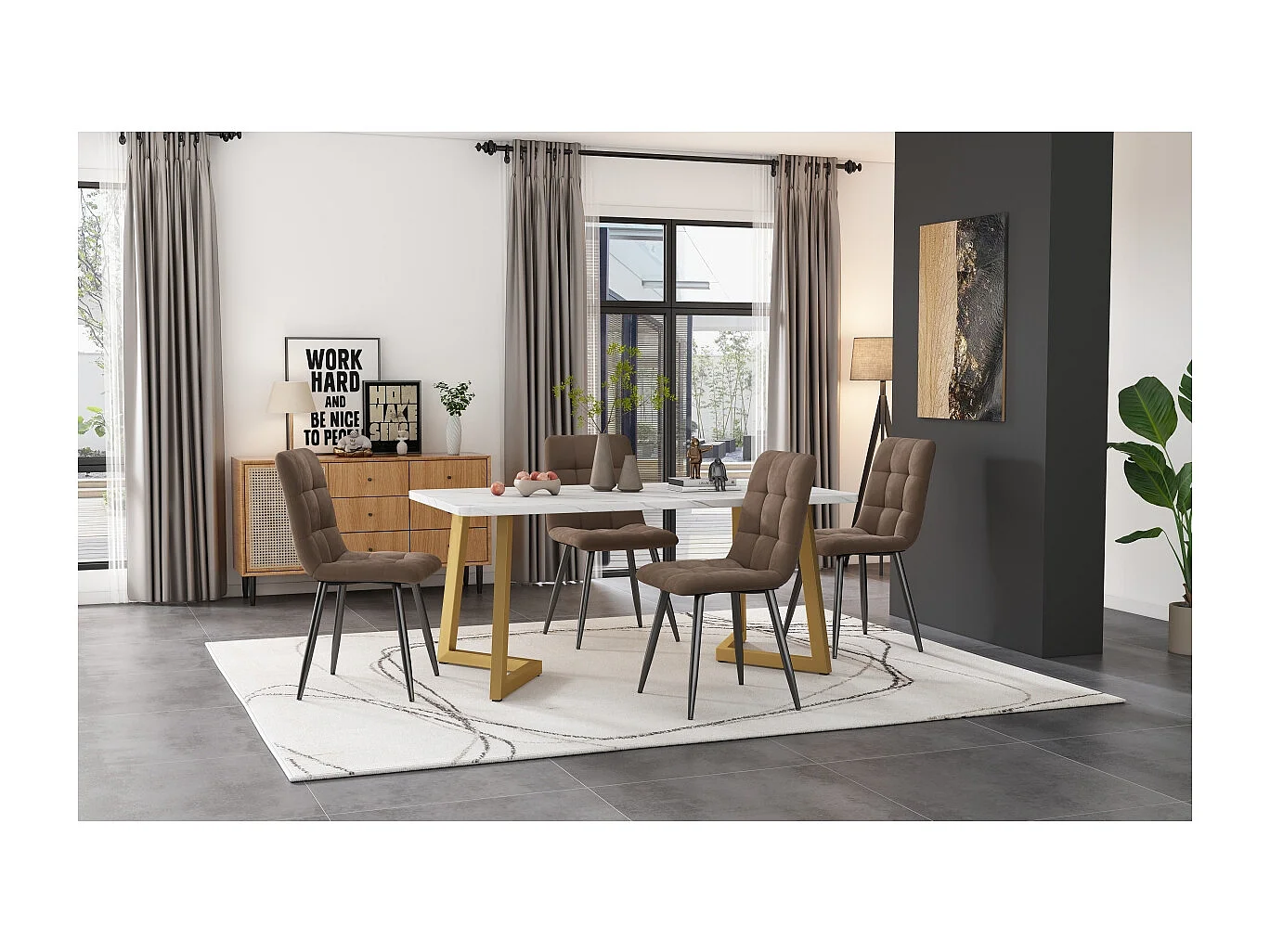 Conjunto de jantar: mesa retangular de 117x68cm com 4 cadeiras de veludo marrom e pés dourados.