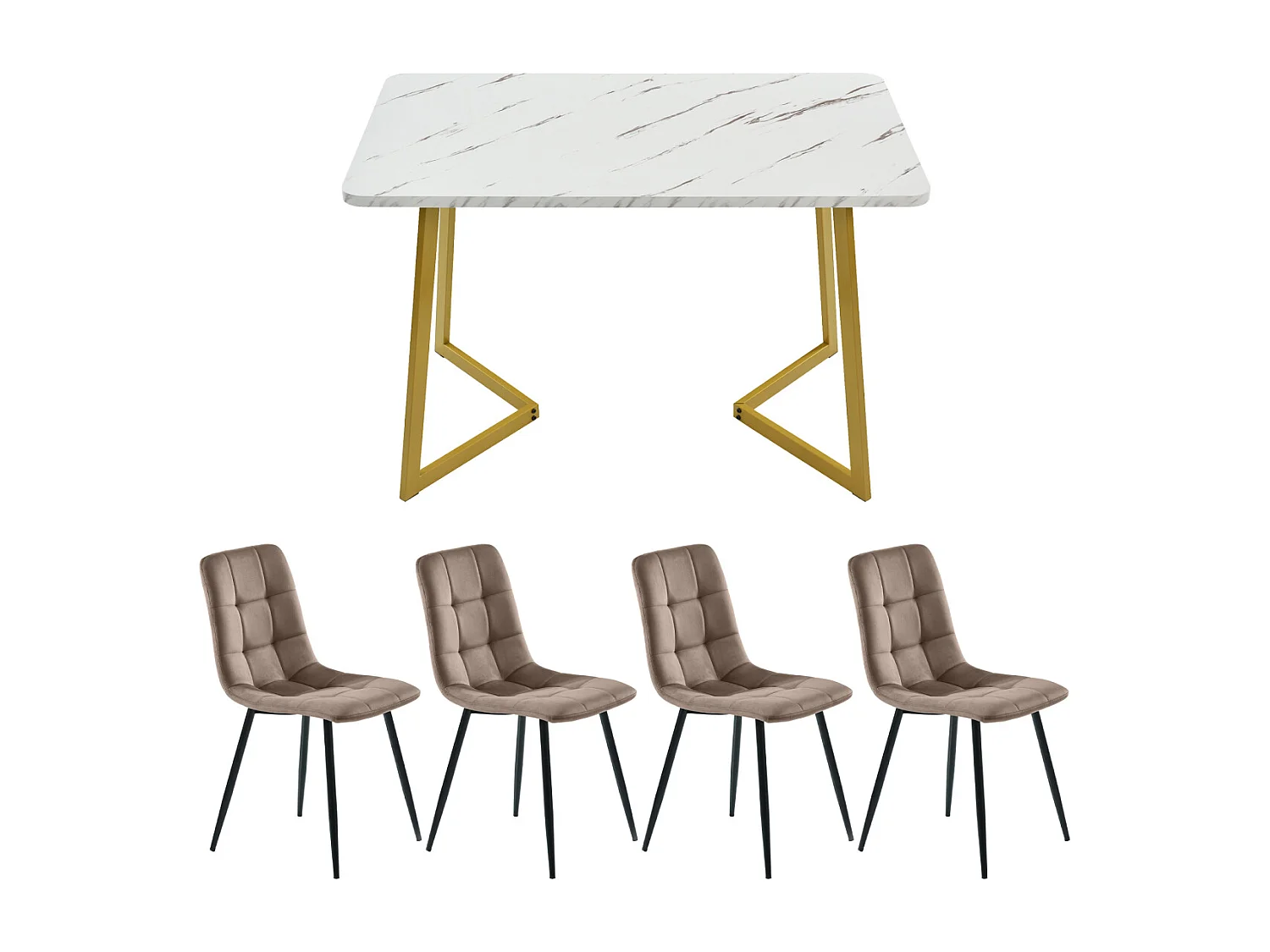Conjunto de jantar: mesa retangular de 117x68cm com 4 cadeiras de veludo marrom e pés dourados.