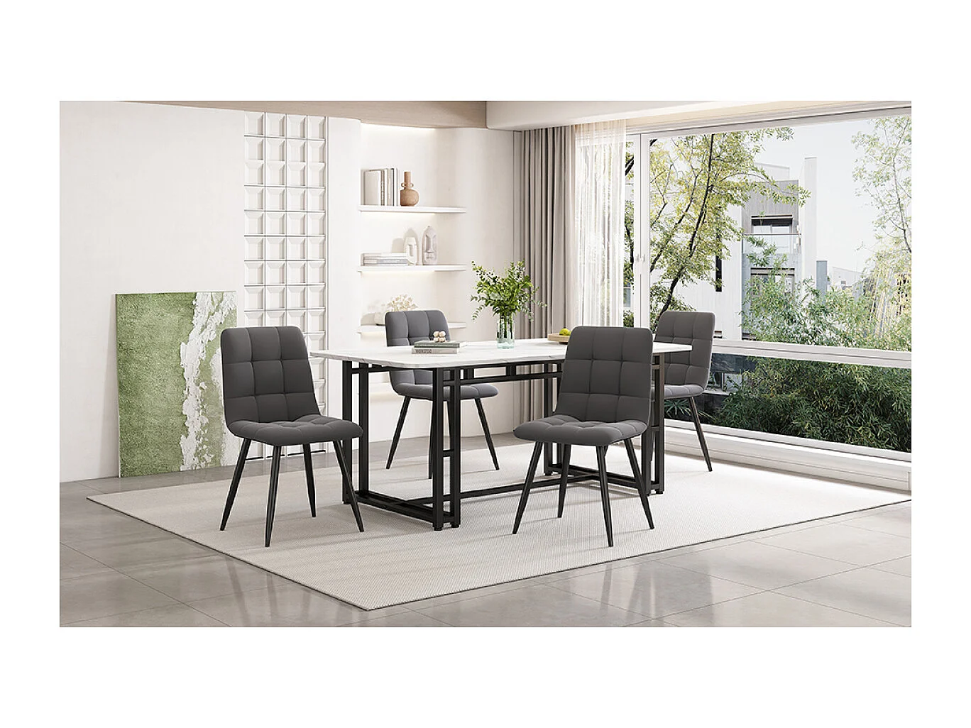 Set da pranzo nero da 140x80 cm con 4 sedie in velluto grigio scuro e gambe in ferro nero.