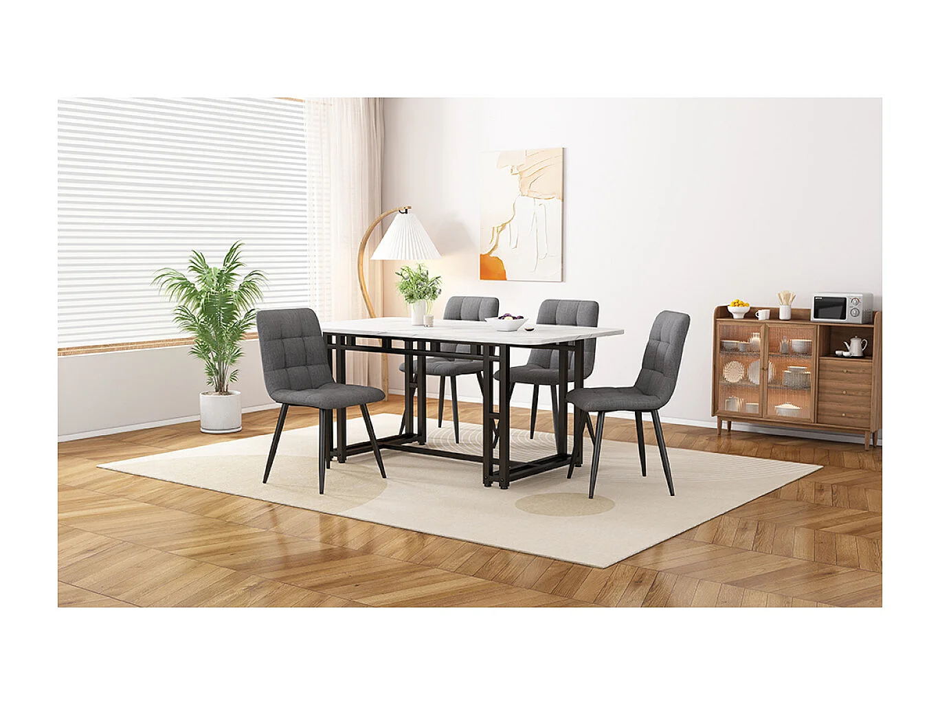 Set da pranzo nero da 120x70 cm con 4 sedie in lino grigio scuro e gambe in ferro nero.