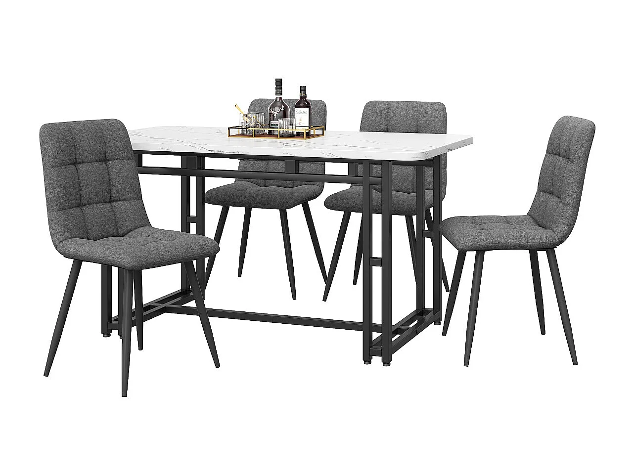 Set da pranzo nero da 120x70 cm con 4 sedie in lino grigio scuro e gambe in ferro nero.