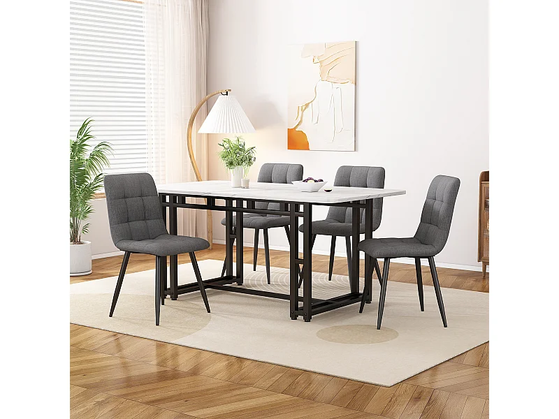 Set da pranzo nero da 120x70 cm con 4 sedie in lino grigio scuro e gambe in ferro nero.