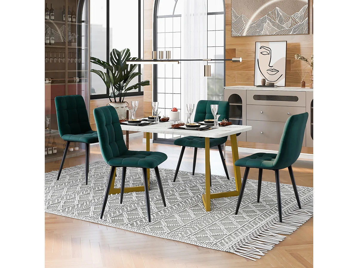 Set da pranzo da 117 cm con 4 sedie in velluto verde scuro e gambe dorate