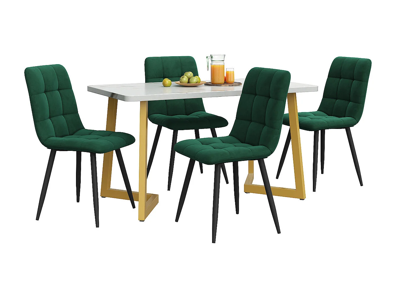 Set da pranzo da 117 cm con 4 sedie in velluto verde scuro e gambe dorate