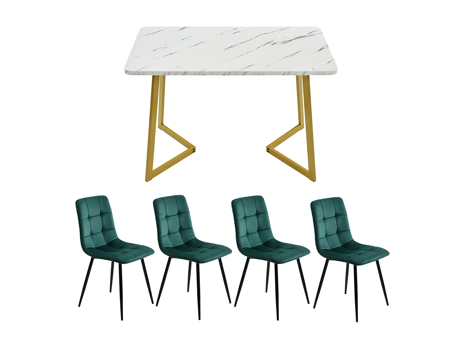 Set da pranzo da 117 cm con 4 sedie in velluto verde scuro e gambe dorate