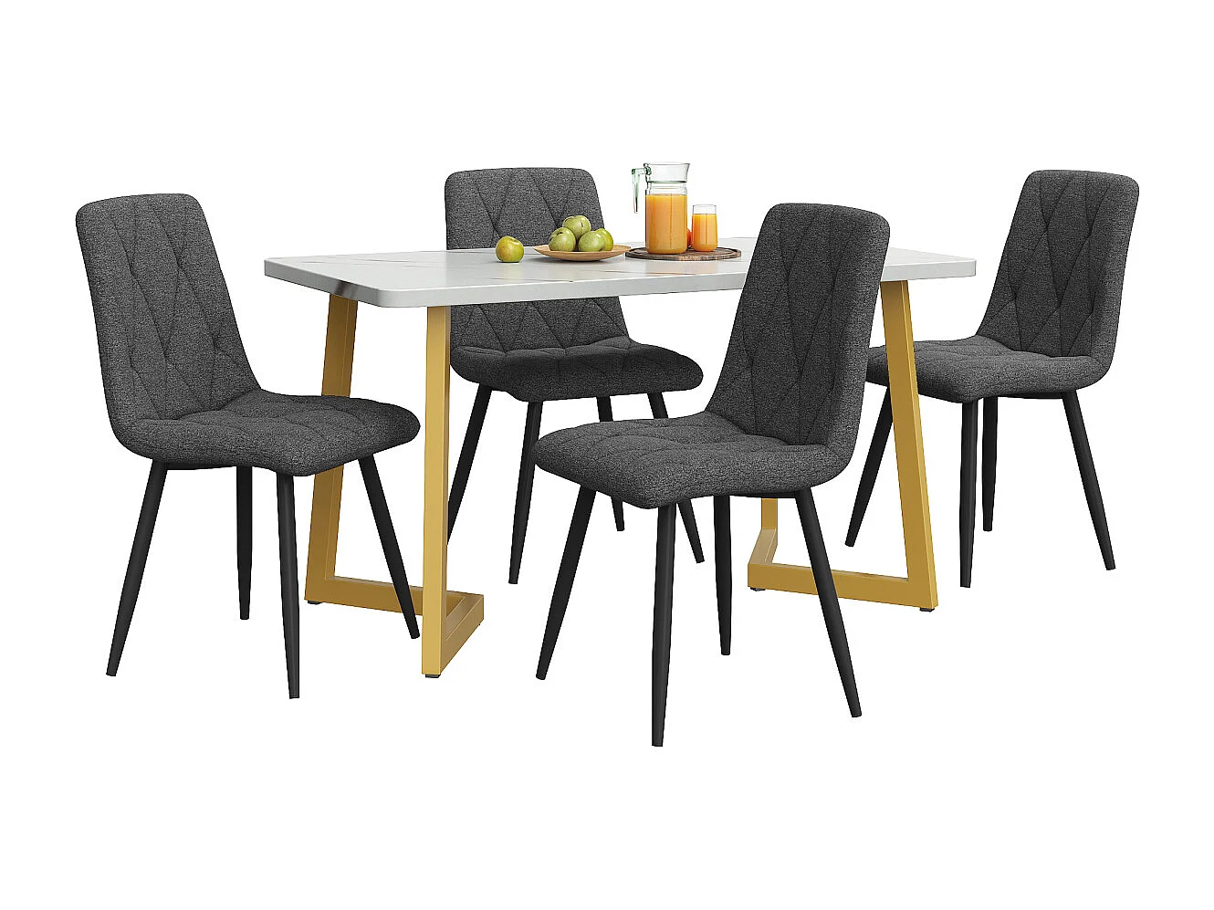 Eetkamerset: rechthoekige tafel van 117 x 68 cm met 4 donkergrijze linnen stoelen en gouden poten.