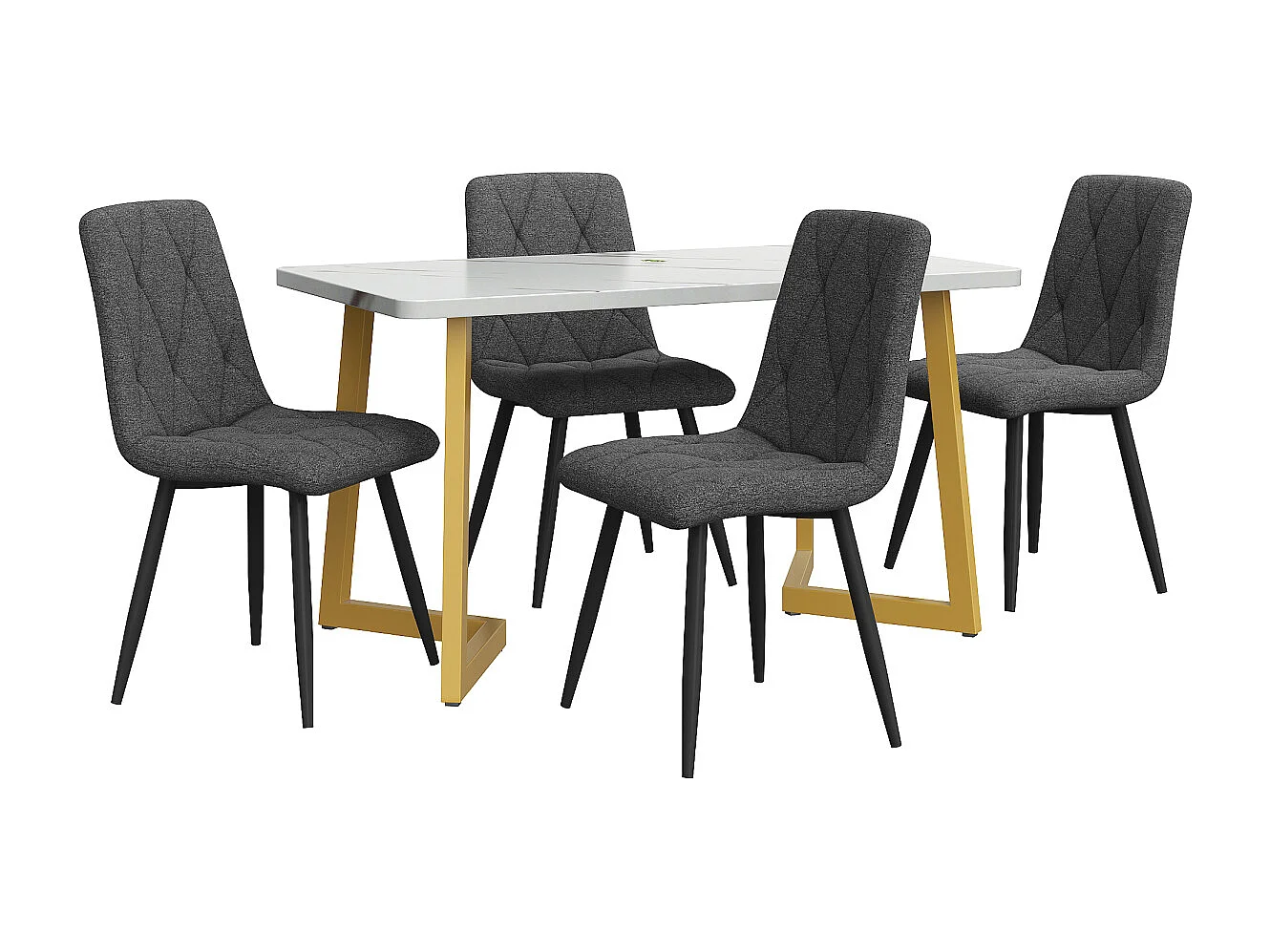 Eetkamerset: rechthoekige tafel van 117 x 68 cm met 4 donkergrijze linnen stoelen en gouden poten.