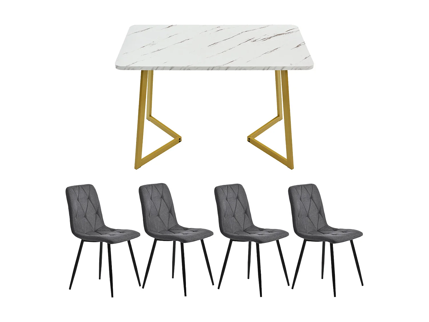 Eetkamerset: rechthoekige tafel van 117 x 68 cm met 4 donkergrijze linnen stoelen en gouden poten.