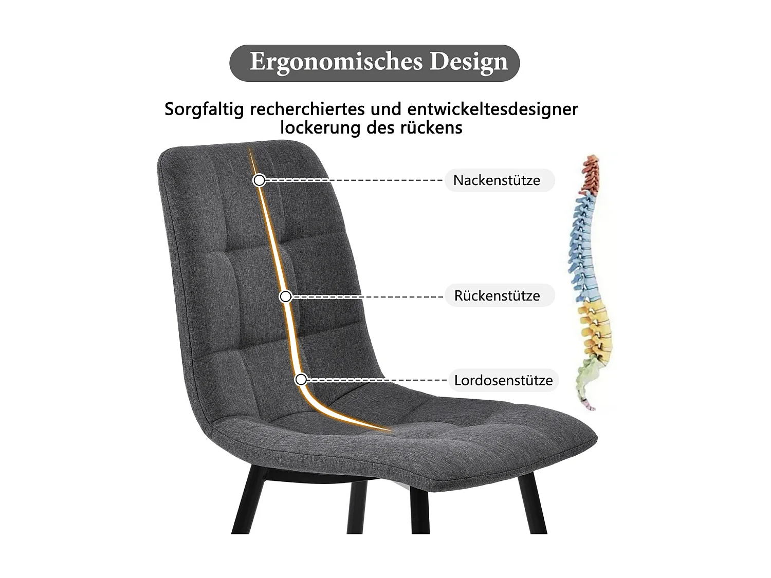 117 cm donkergrijze linnen eetkamerset met 4 stoelen en gouden poten