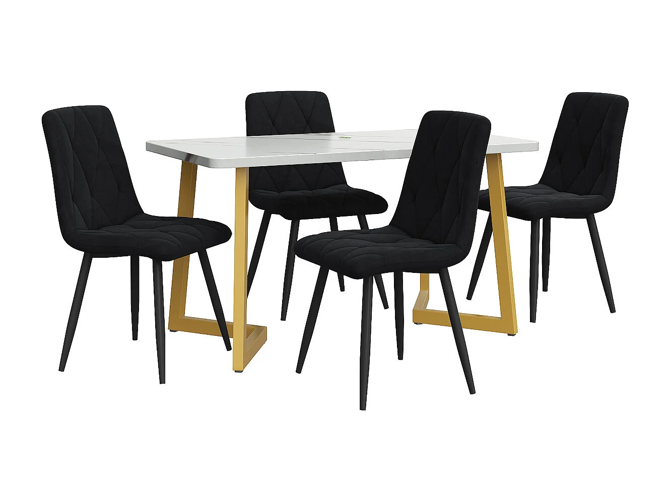 Eetkamerset (117x68cm tafel met 4 stoelen), rechthoekige moderne keukentafelset, zwarte fluwelen stoelen, gouden poten.