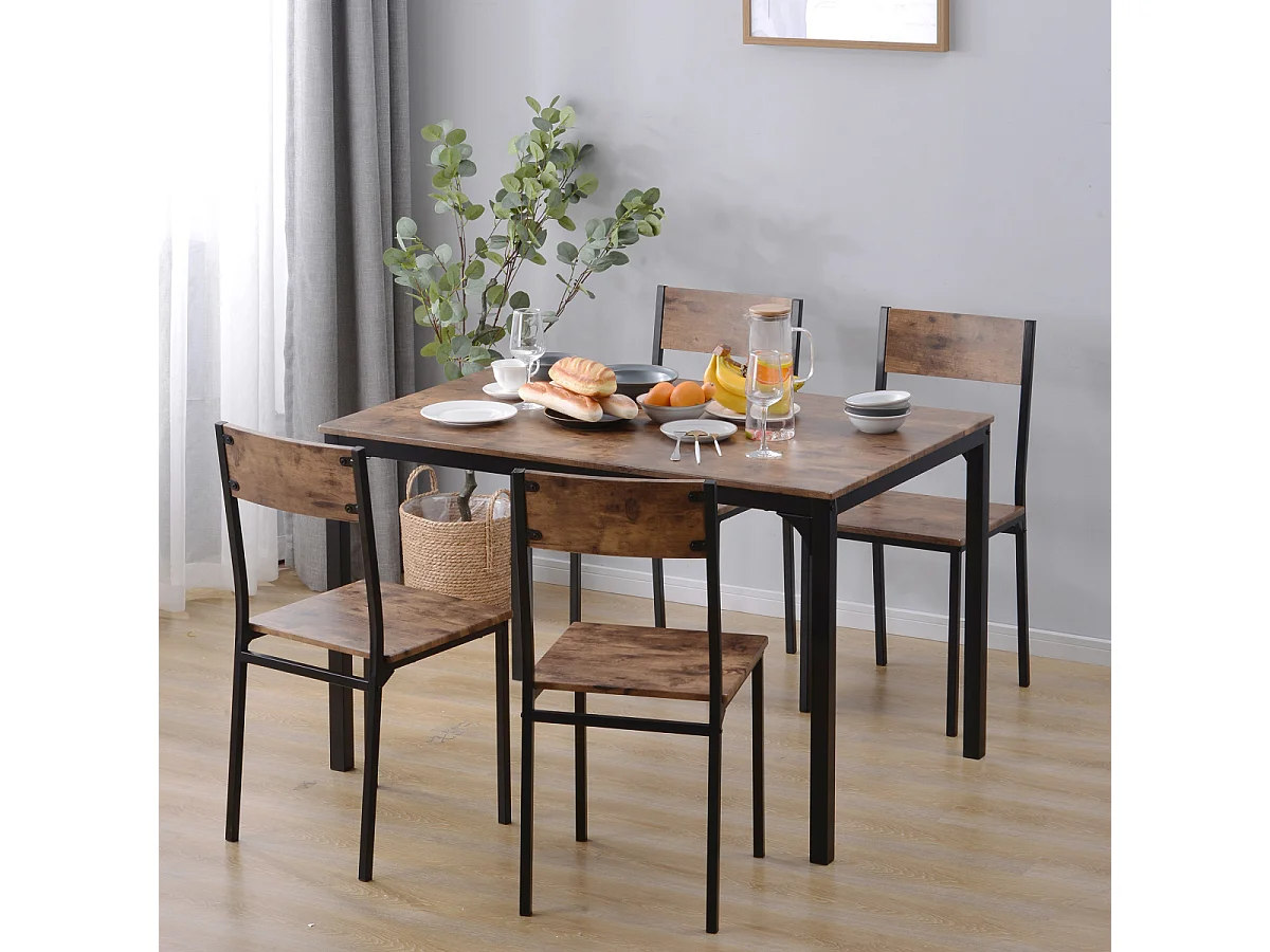 Ensemble de salle à manger vintage marron avec 4 chaises pour balcon, salle à manger et salon.