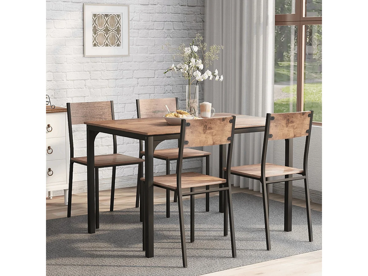 Ensemble de salle à manger vintage marron avec 4 chaises pour balcon, salle à manger et salon.