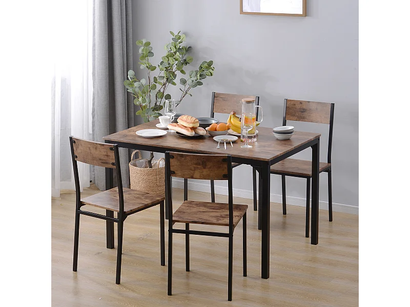 Ensemble de salle à manger vintage marron avec 4 chaises pour balcon, salle à manger et salon.