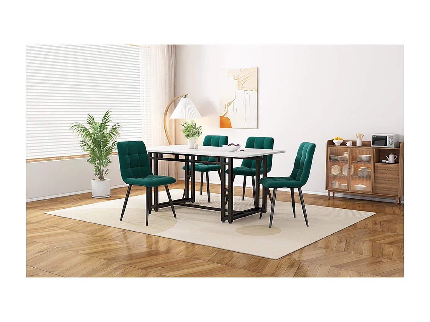 Set da pranzo nero 120x70cm con 4 sedie in velluto verde scuro, mobili da cucina moderni.