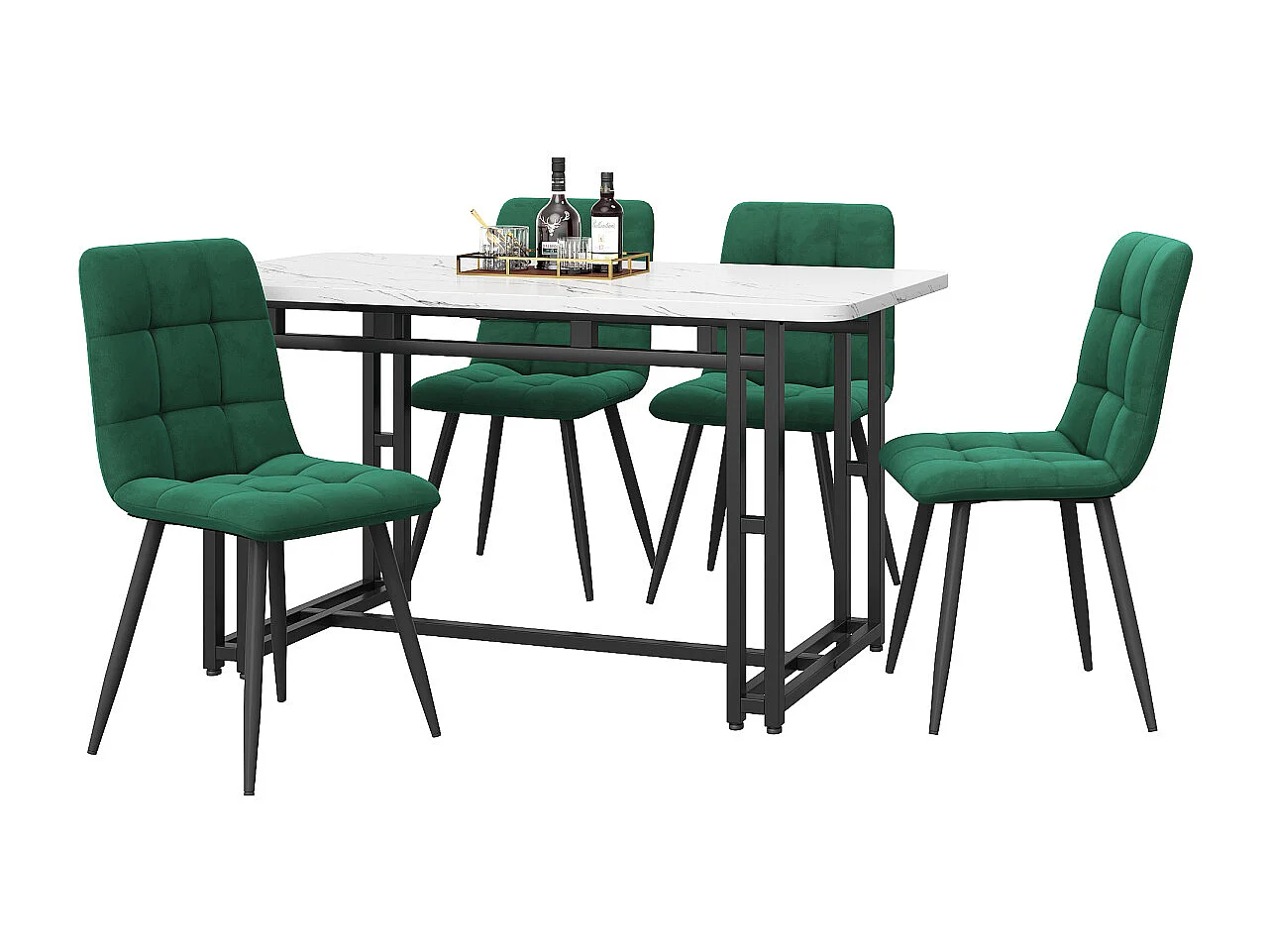 Set da pranzo nero 120x70cm con 4 sedie in velluto verde scuro, mobili da cucina moderni.