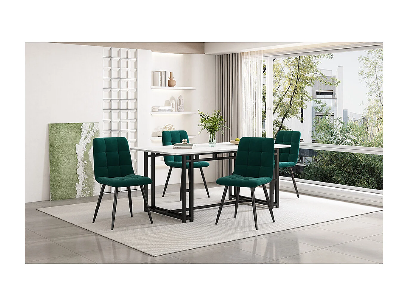 Set da pranzo nero 140x80cm con 4 sedie in velluto verde scuro, gambe in ferro nero