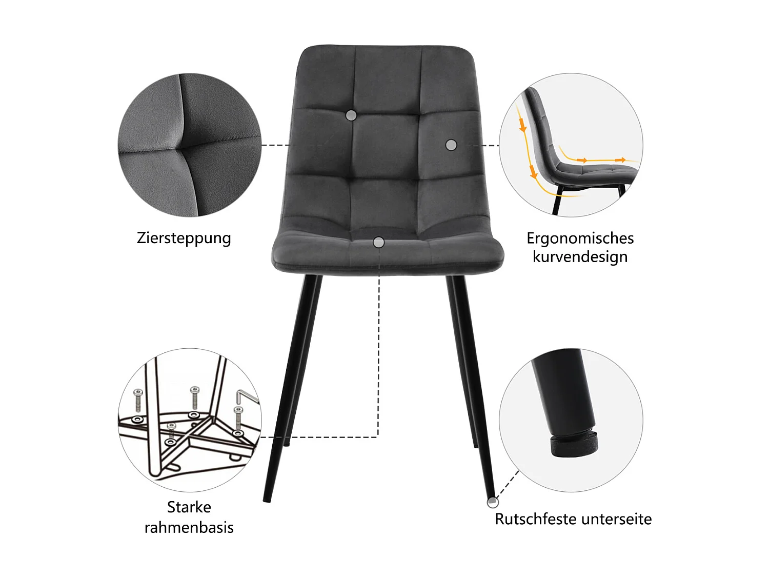 Set da pranzo nero da 120x70 cm con 4 sedie in velluto grigio scuro e gambe in ferro nero.