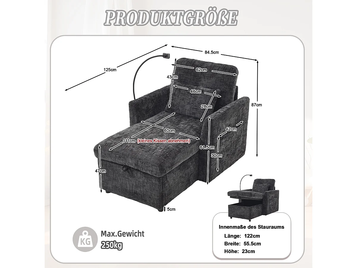 Divano multifunzionale con porta cellulare, poltrona in ciniglia per soggiorno