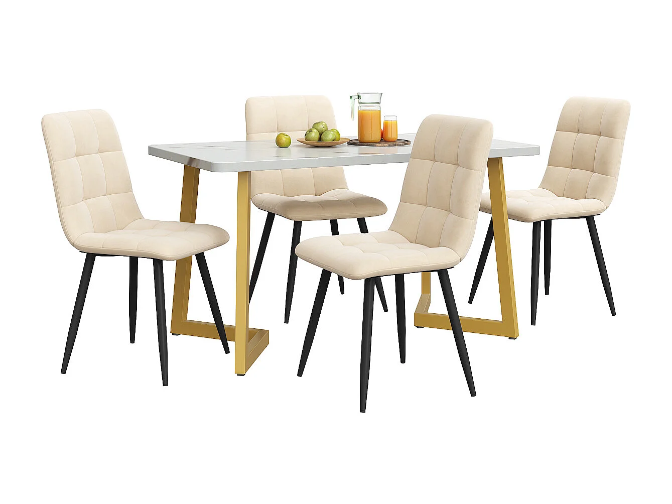 Set da pranzo da 117 cm con 4 sedie in velluto beige, gambe dorate