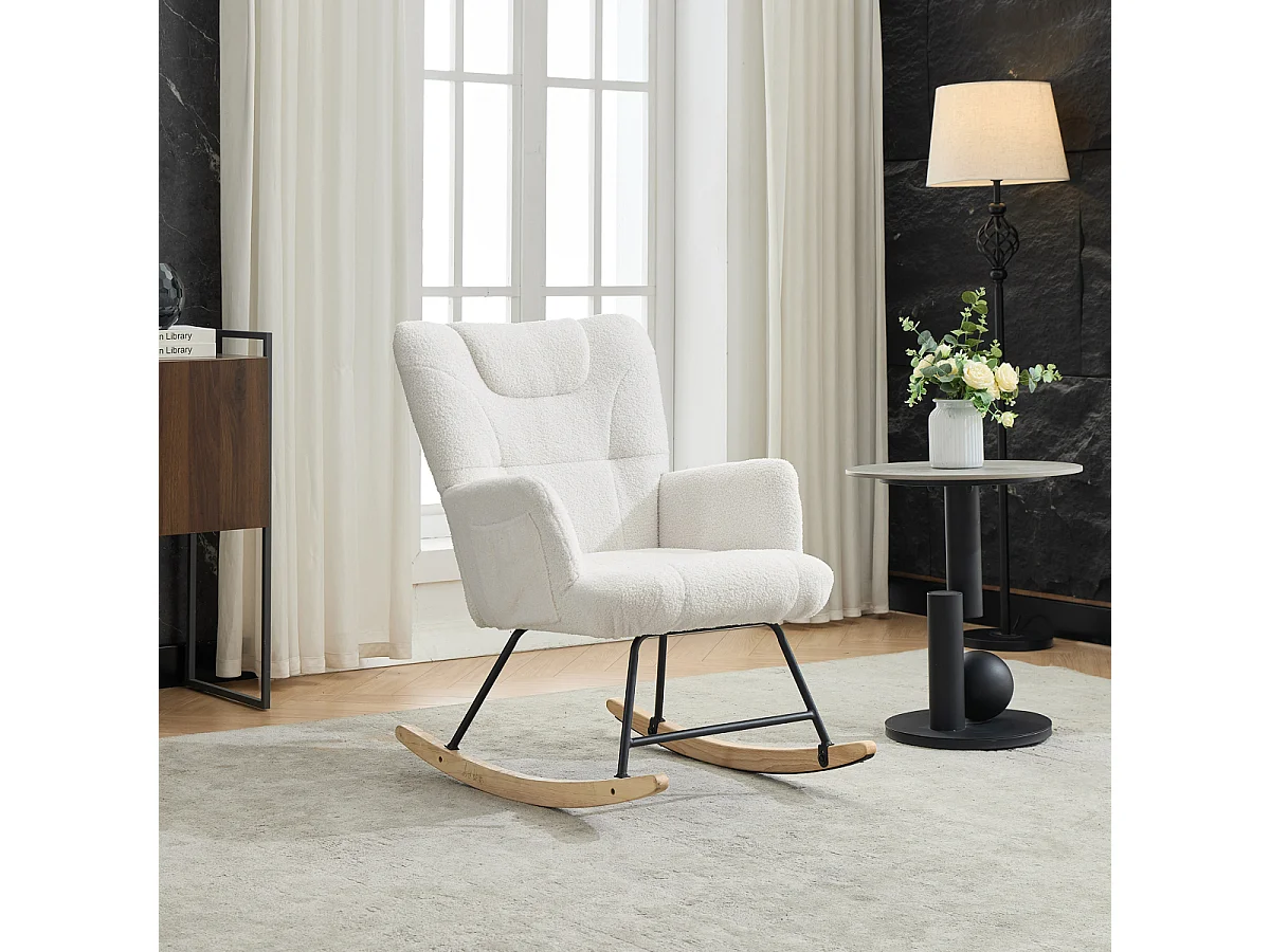 Ergonomische schommelstoel met voetenbankje, wit, 30° schommelhoek, hoge rugleuning.