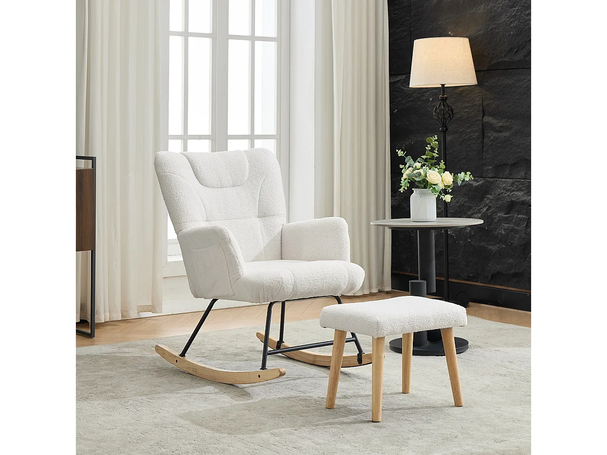 Ergonomische schommelstoel met voetenbankje, wit, 30° schommelhoek, hoge rugleuning.