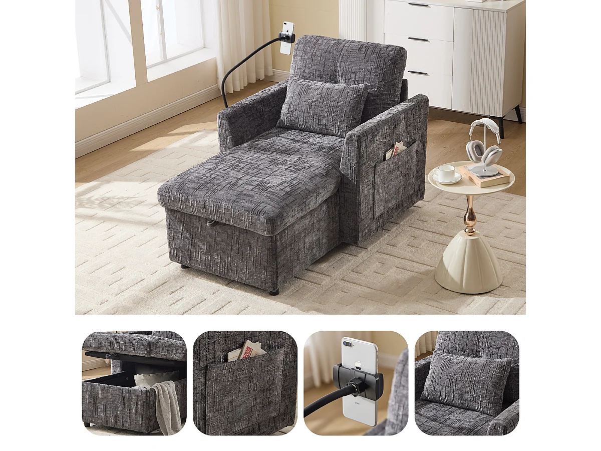 Multifunctionele bank met houder voor mobiele telefoon, fauteuil van chenille voor de woonkamer.