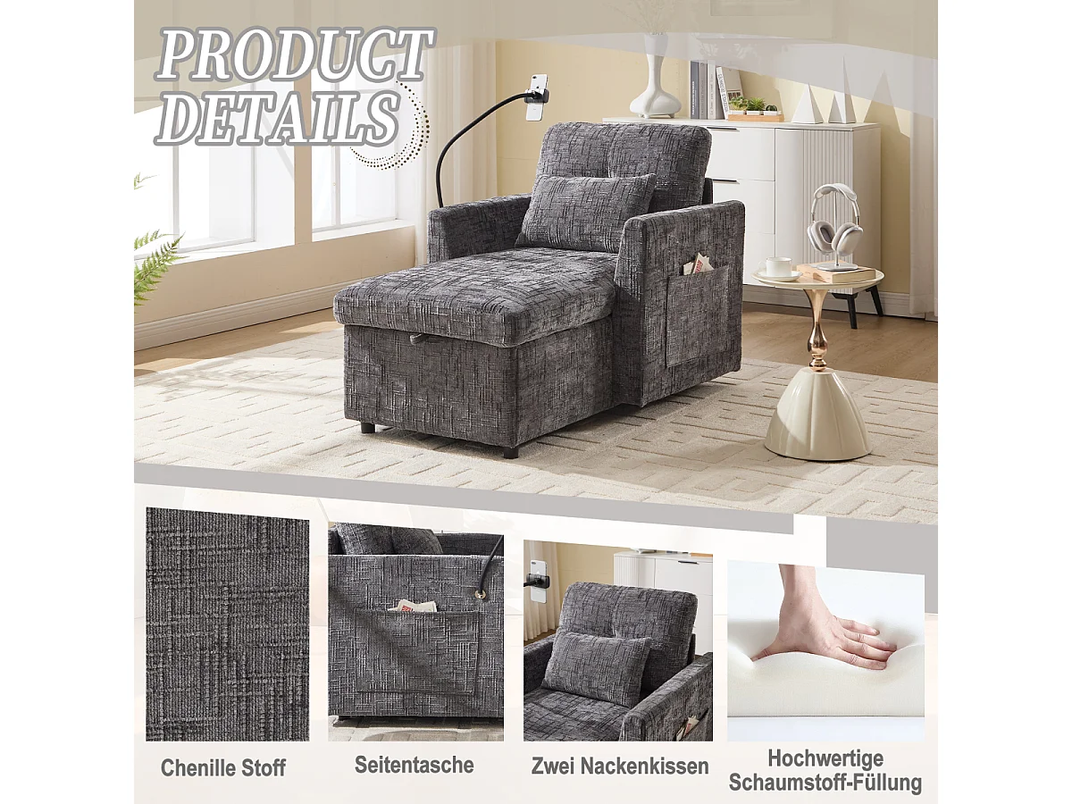 Multifunctionele bank met houder voor mobiele telefoon, fauteuil van chenille voor de woonkamer.