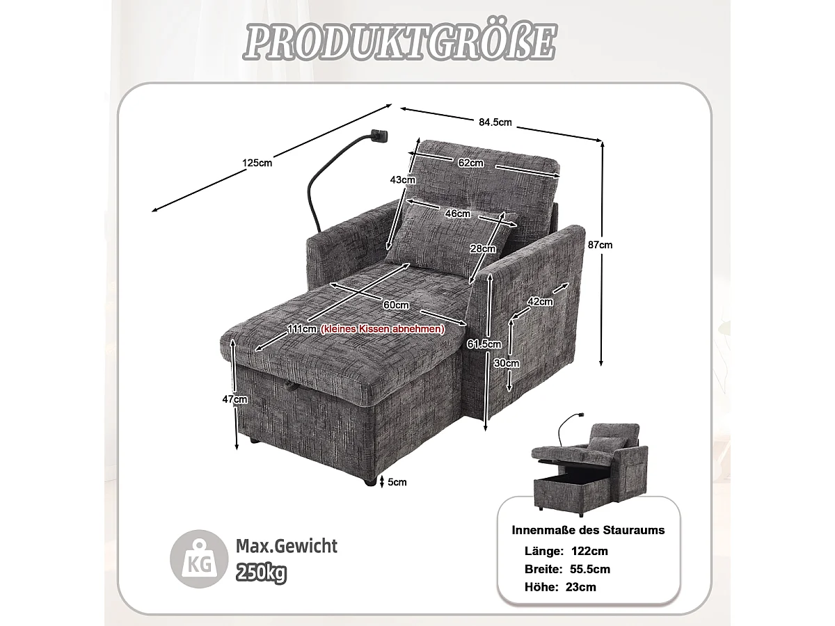 Multifunctionele bank met houder voor mobiele telefoon, fauteuil van chenille voor de woonkamer.