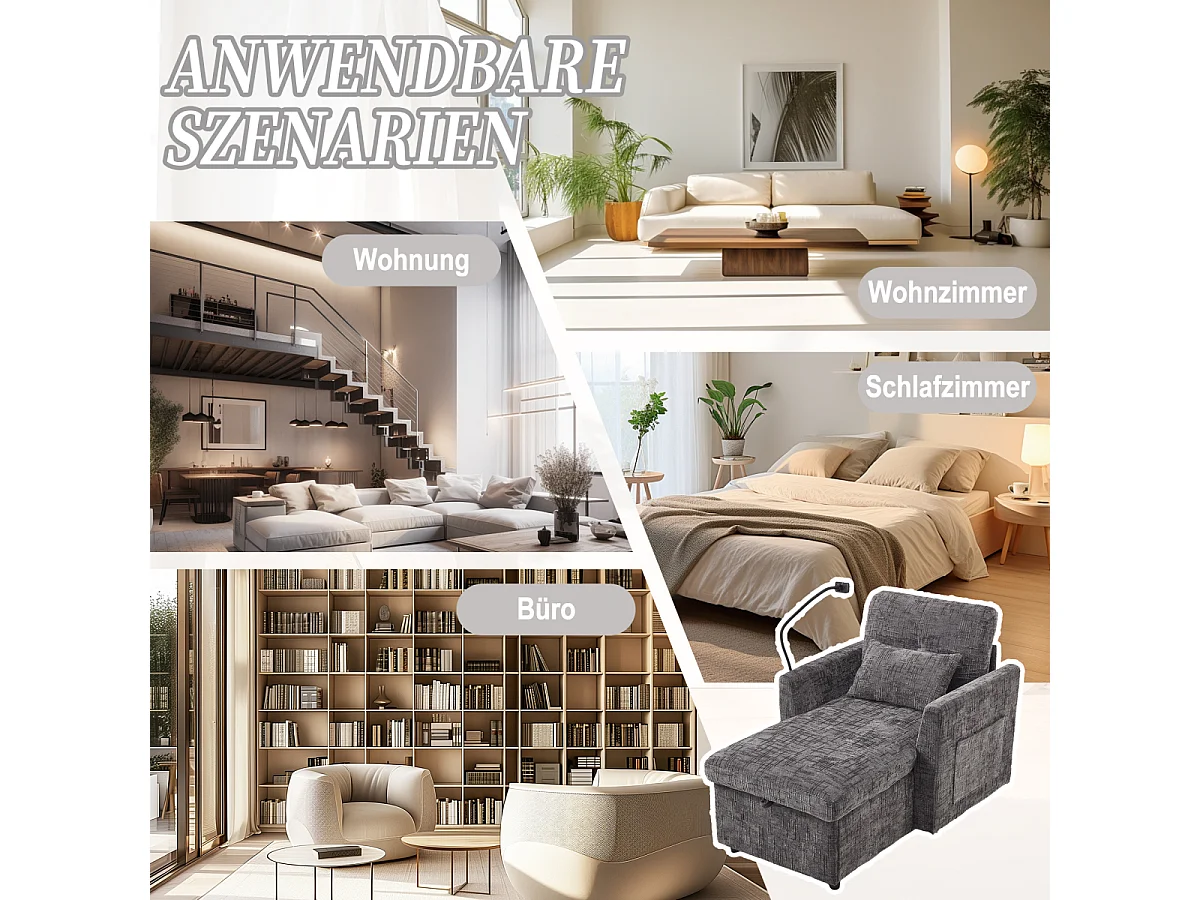 Multifunctionele bank met houder voor mobiele telefoon, fauteuil van chenille voor de woonkamer.