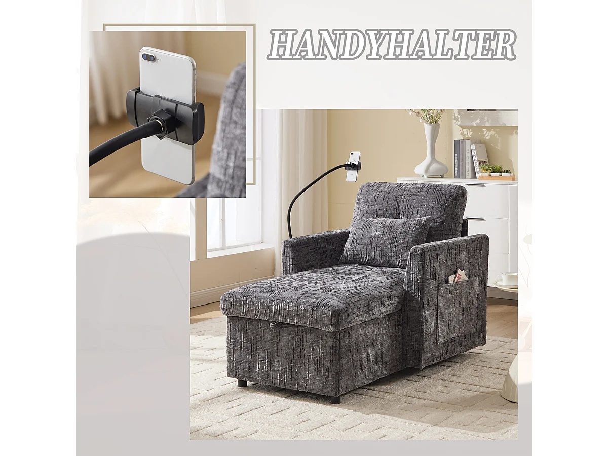 Multifunctionele bank met houder voor mobiele telefoon, fauteuil van chenille voor de woonkamer.